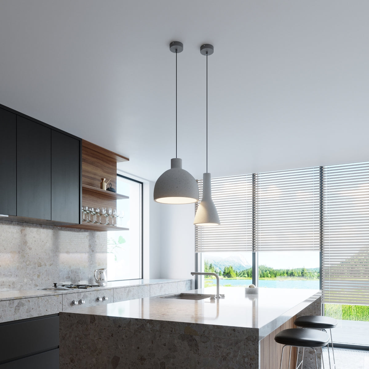Solstånd minimalist pendant lamps hanging over a dining table