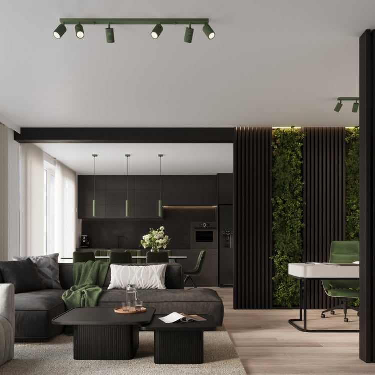 Neutral living room and kitchen with accent colour lighting. Pendant and ceiling lights in olive green